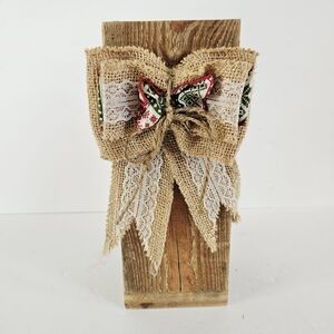 Handcrafted Rustic Burlap Lace Bow Reclaimed Wood Decorative Christmas "Vase"